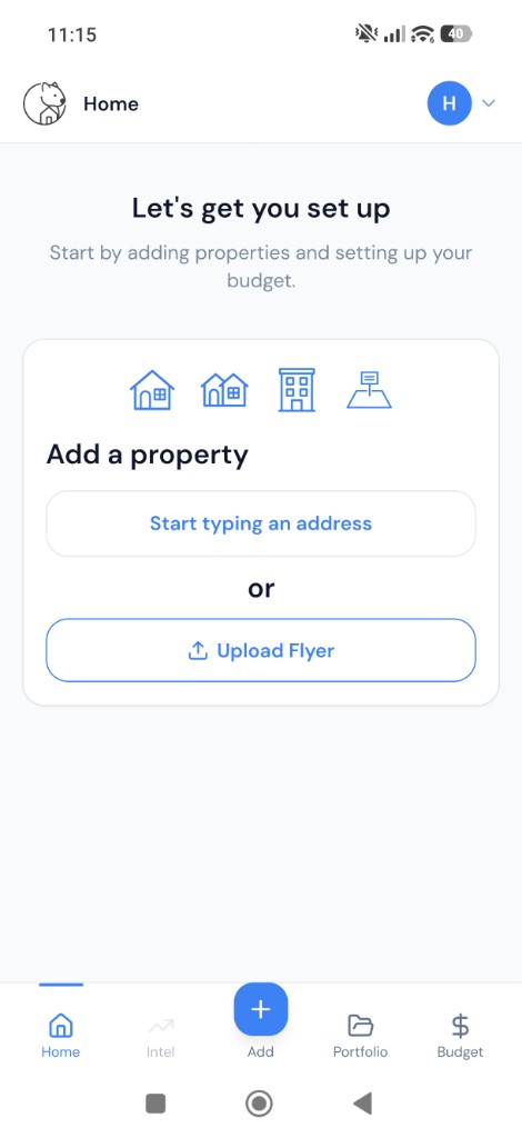 Setup screen for adding a property by address or flyer