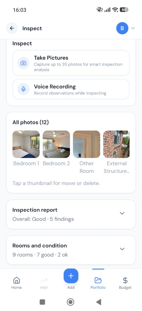 Inspect screen with room photos and an inspection report