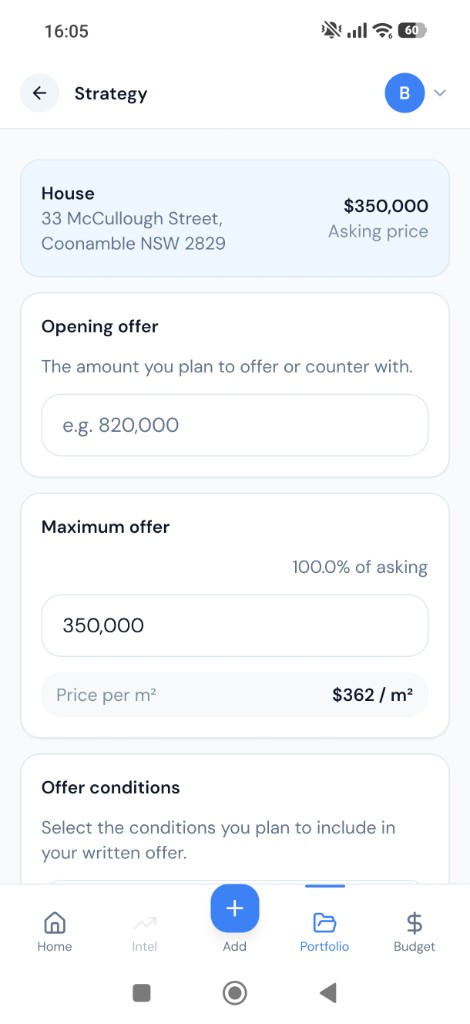 Strategy screen with opening offer, maximum offer, and offer conditions