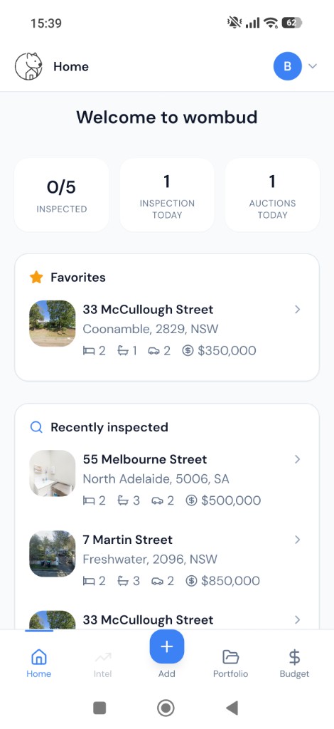 Home screen with favorite and recently inspected properties