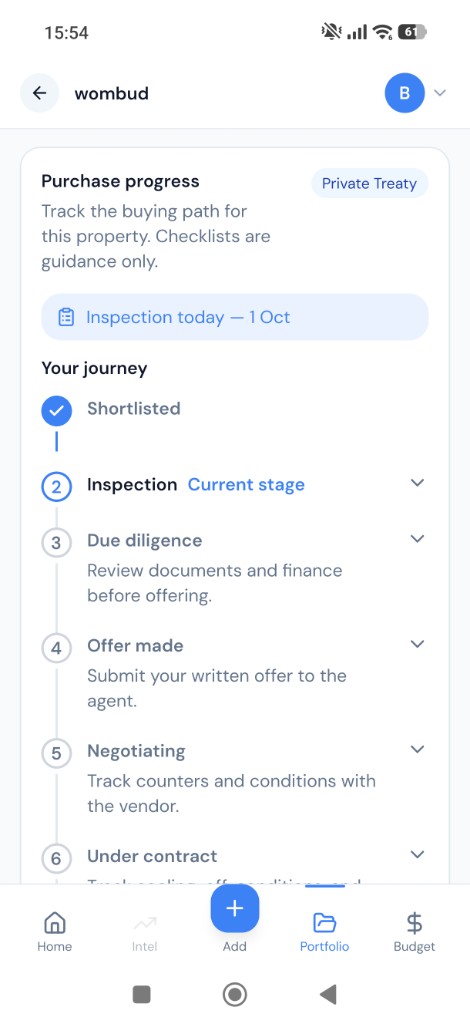Purchase progress for a private treaty, with inspection as the current stage